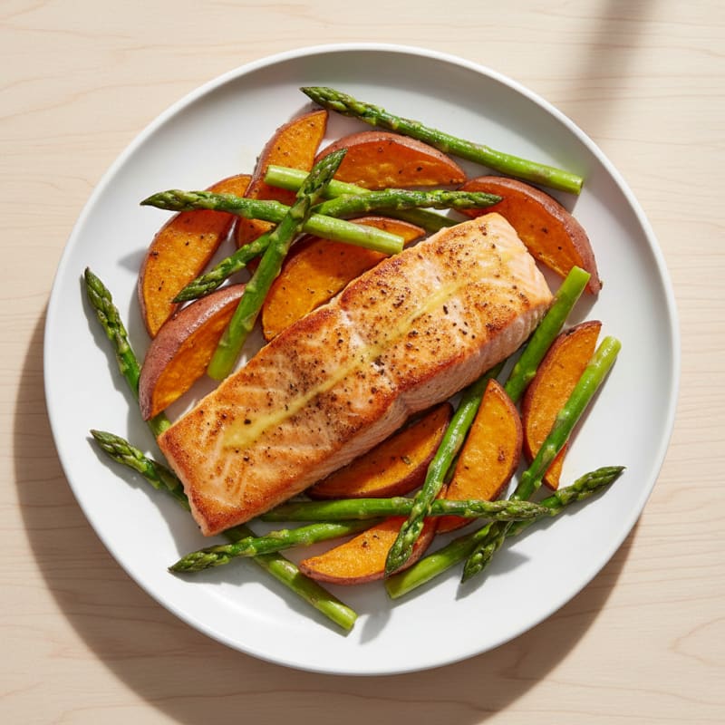 Seared Salmon Fillet with Roasted Sweet Potatoes and Asparagus