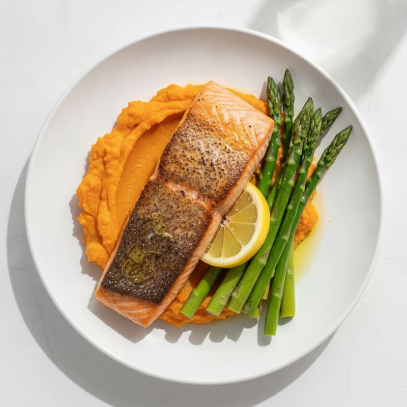 Seared Salmon with Steamed Asparagus and Sweet Potato Mash