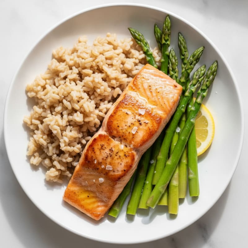 Seared Salmon with Steamed Asparagus and Brown Rice