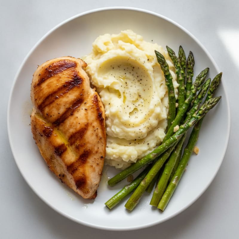 Seared Chicken Breast with Roasted Asparagus and Mashed Potatoes