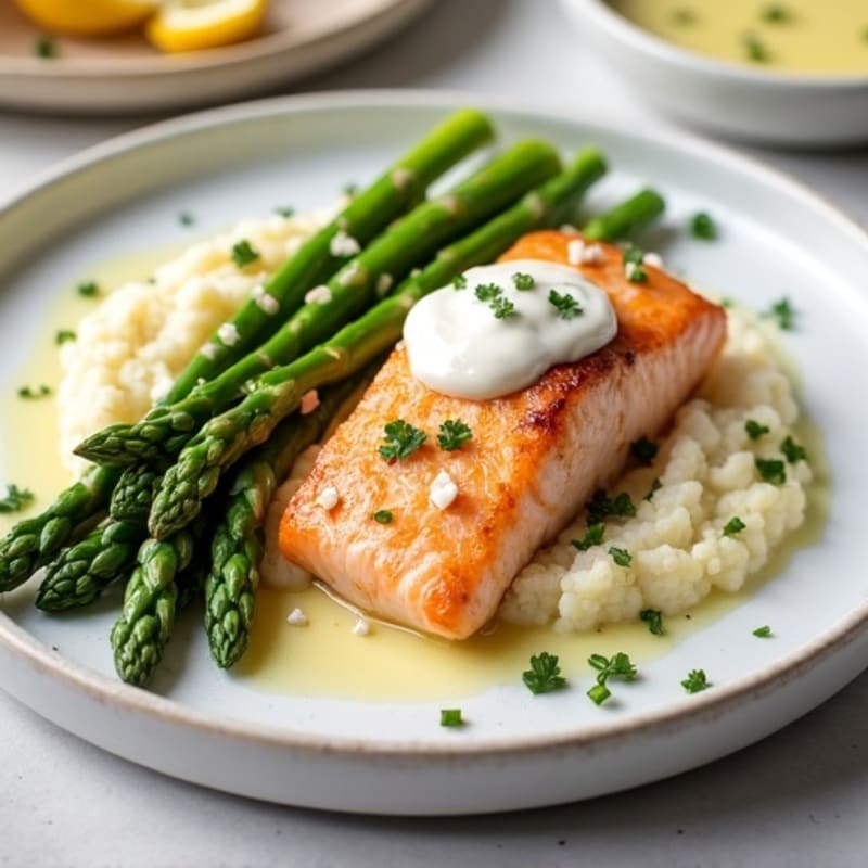 Seared Salmon with Steamed Asparagus and Cauliflower Mash