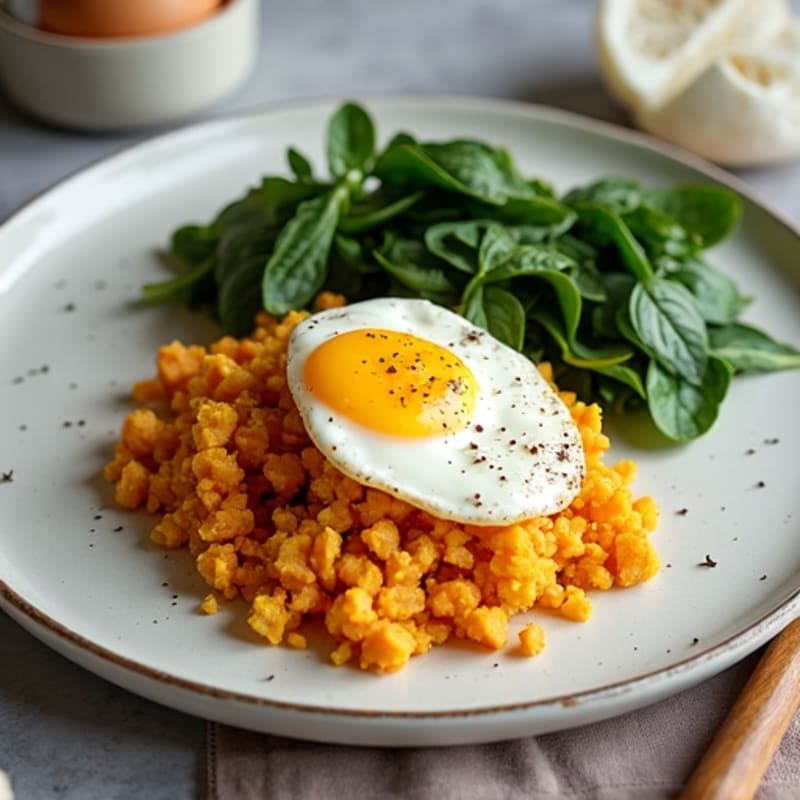 Fluffy Scrambled Eggs with Sautéed Spinach and Crispy Sweet Potato Hash