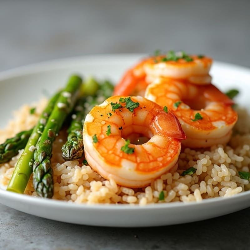 Lemon-Garlic Pan-Seared Shrimp with Roasted Asparagus and Fluffy Brown Rice