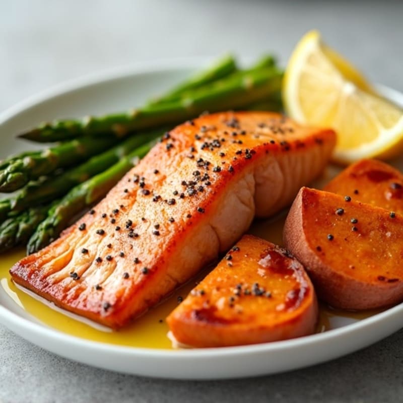 Seared Salmon with Roasted Sweet Potatoes and Asparagus
