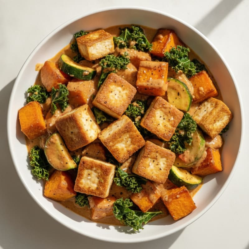 Peanut Tofu Coconut Curry with Roasted Sweet Potatoes