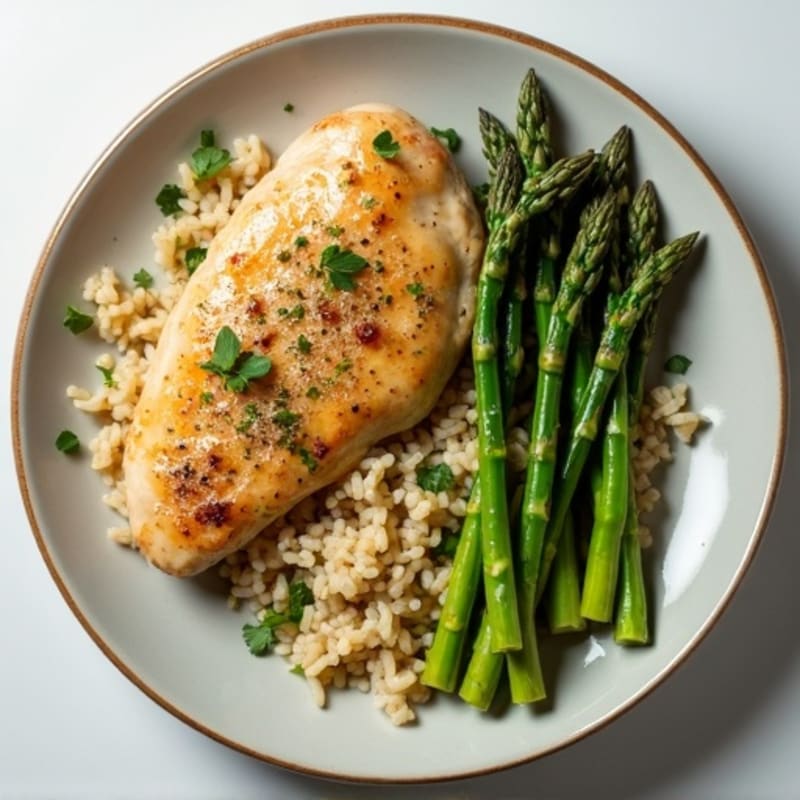 Lemon Herb Chicken with Fluffy Brown Rice and Roasted Asparagus