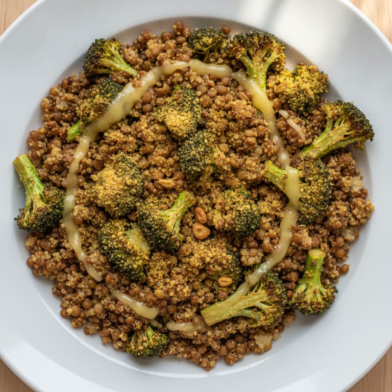 Crispy Lentil and Quinoa Power Bowl with Roasted Broccoli