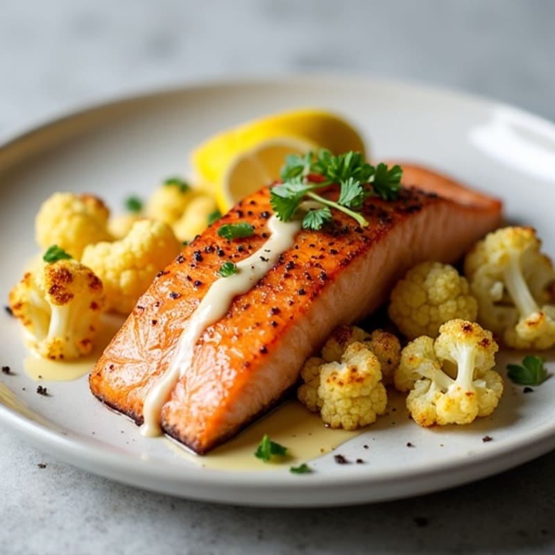 Seared Salmon with Roasted Cauliflower and Lemon Tahini Drizzle