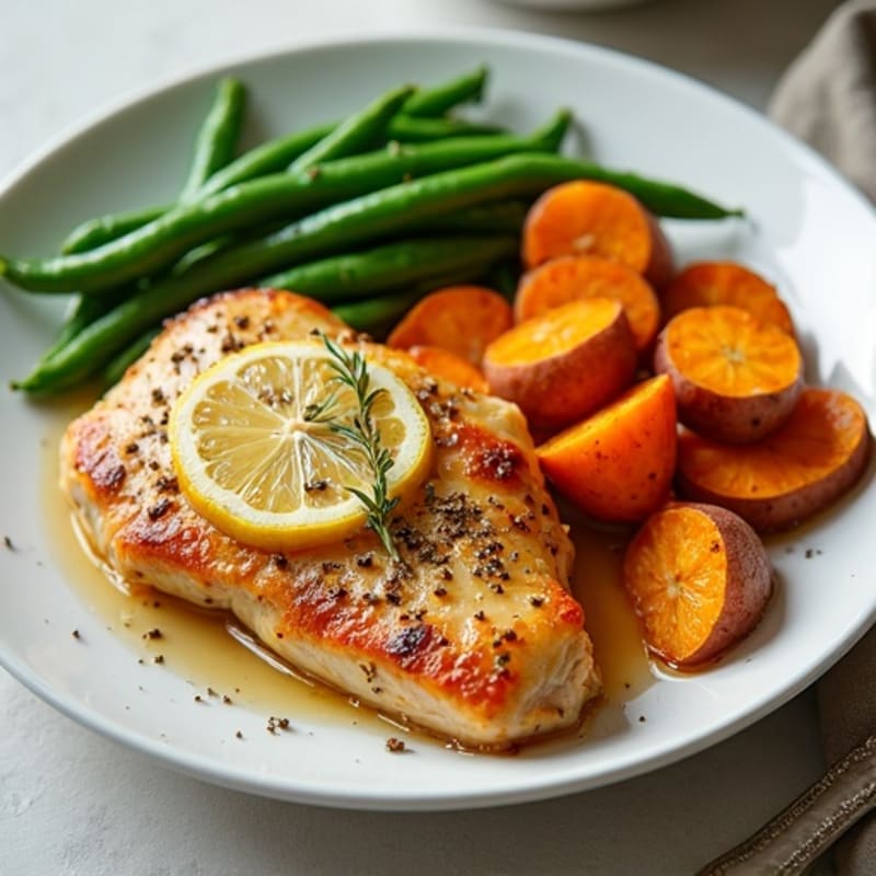 Lemon Garlic Roasted Chicken with Crispy Sweet Potatoes and Green Beans