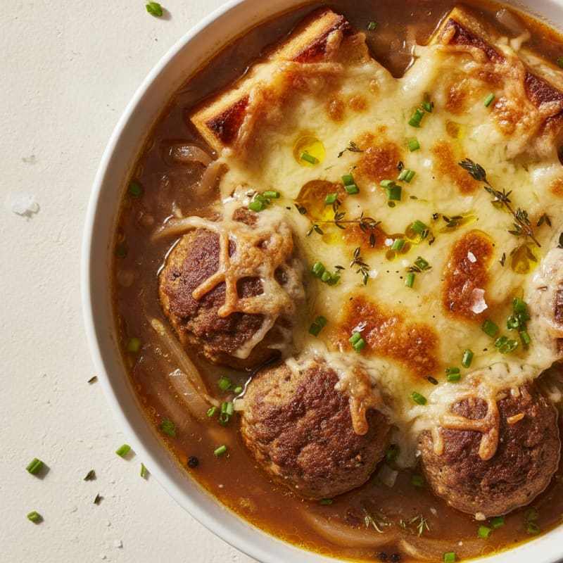 French Onion Meatball Soup