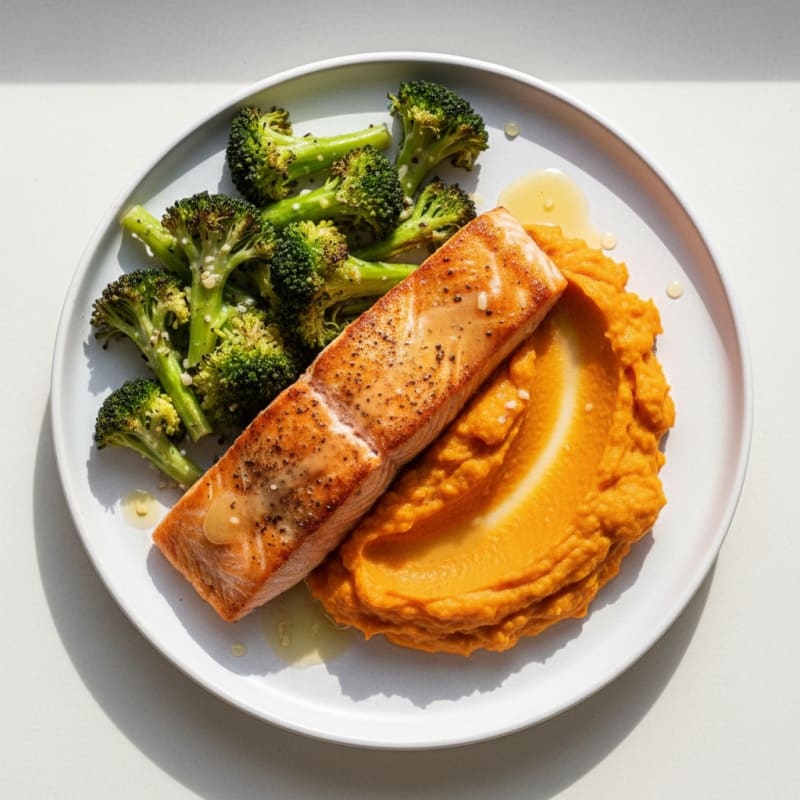 Seared Salmon Fillet with Roasted Broccoli and Sweet Potato Mash