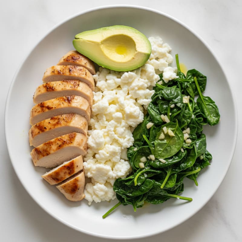 Scrambled Egg Whites with Grilled Chicken and Sautéed Spinach