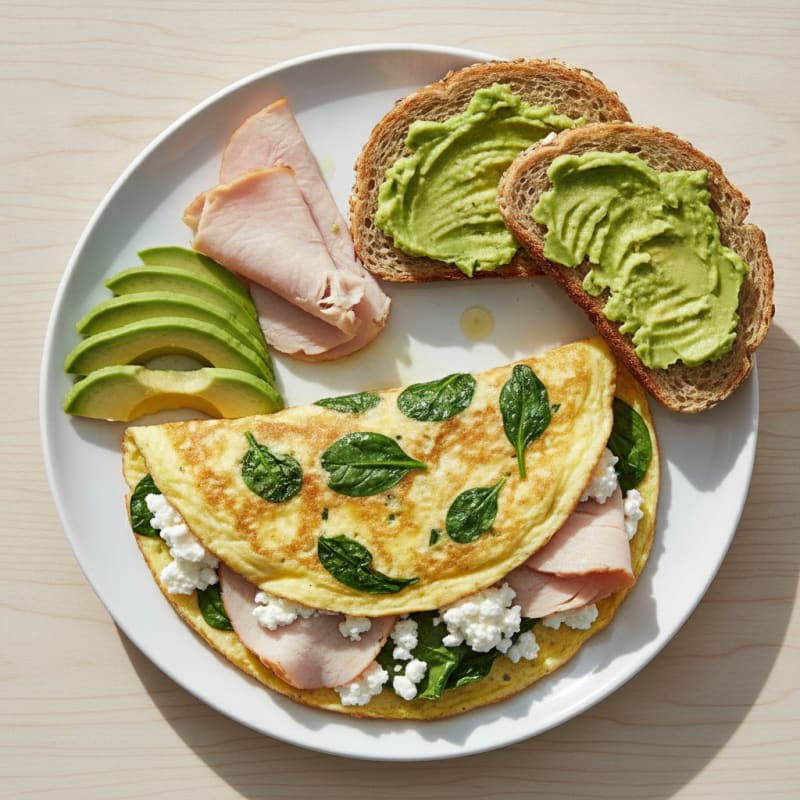 Egg White and Spinach Omelette with Cottage Cheese and Sliced Turkey