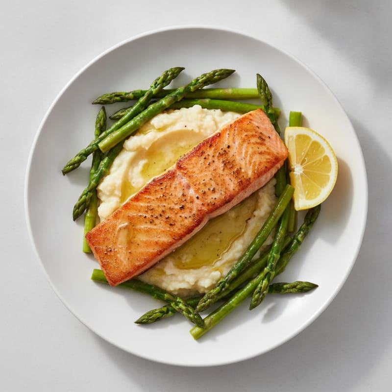 Seared Salmon with Steamed Asparagus and Cauliflower Mash
