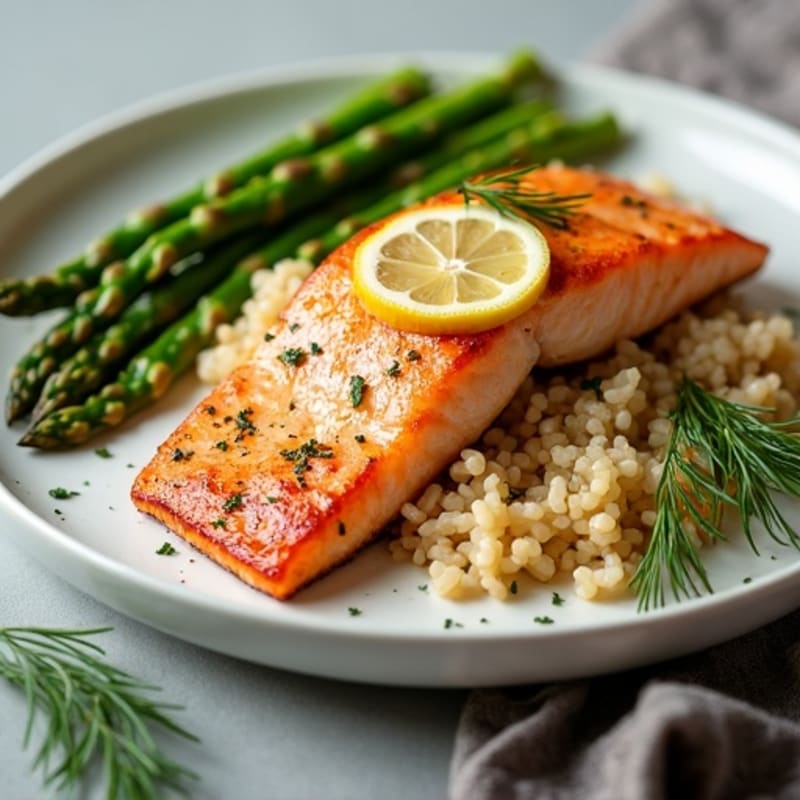 Seared Salmon with Steamed Asparagus and Lemon Herb Rice