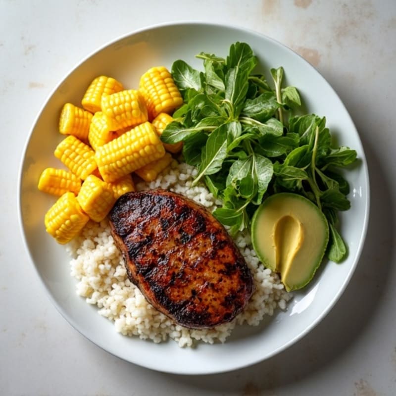 Seared Steak with Roasted Corn and Garlic Rice