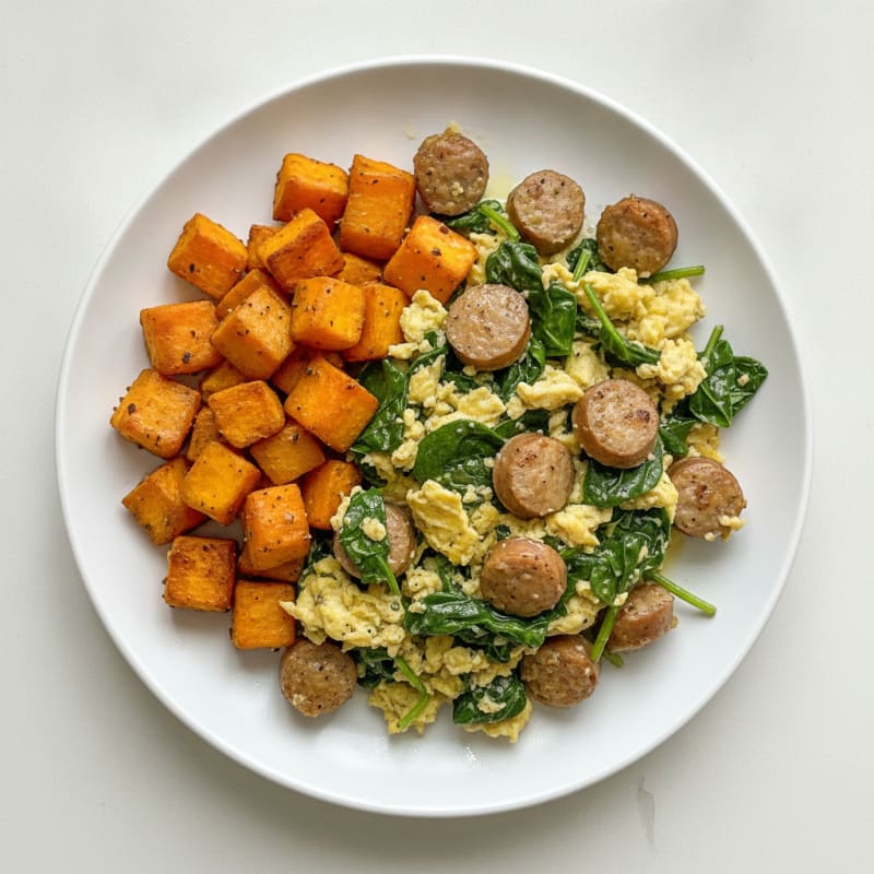 Chicken Sausage and Spinach Egg Scramble with Roasted Sweet Potatoes