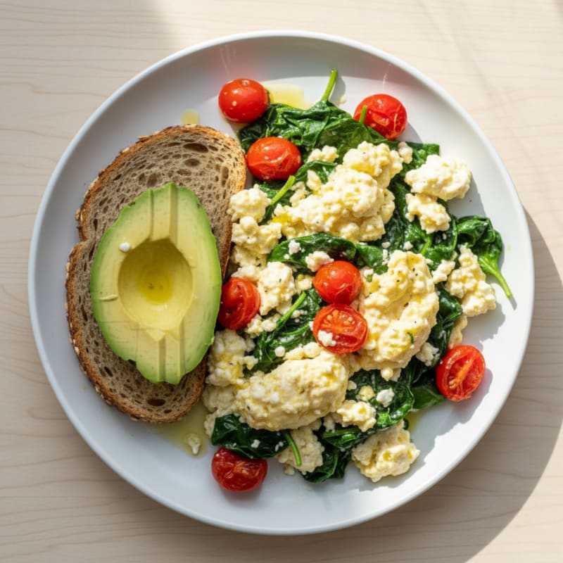 Cottage Cheese Scramble with Sautéed Spinach and Cherry Tomatoes