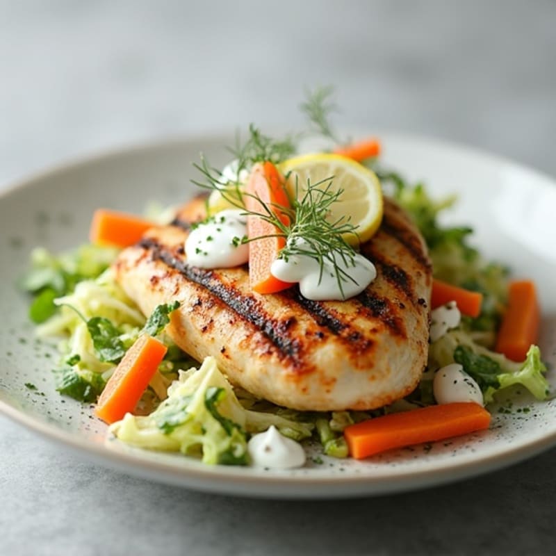 Grilled Chicken Breast with Crunchy Cabbage Slaw and Greek Yogurt Dressing
