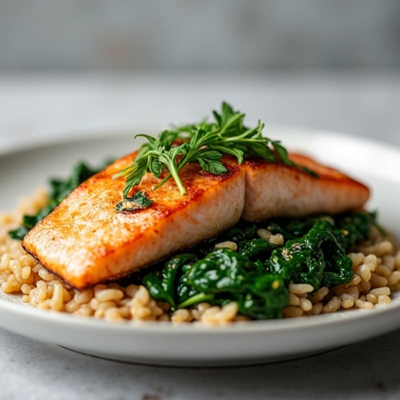 Seared Salmon with Garlic Sautéed Spinach and Brown Rice