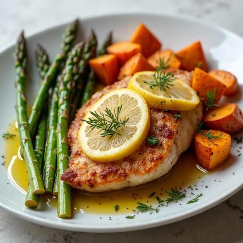 Crispy Lemon Herb Chicken with Roasted Asparagus and Sweet Potatoes