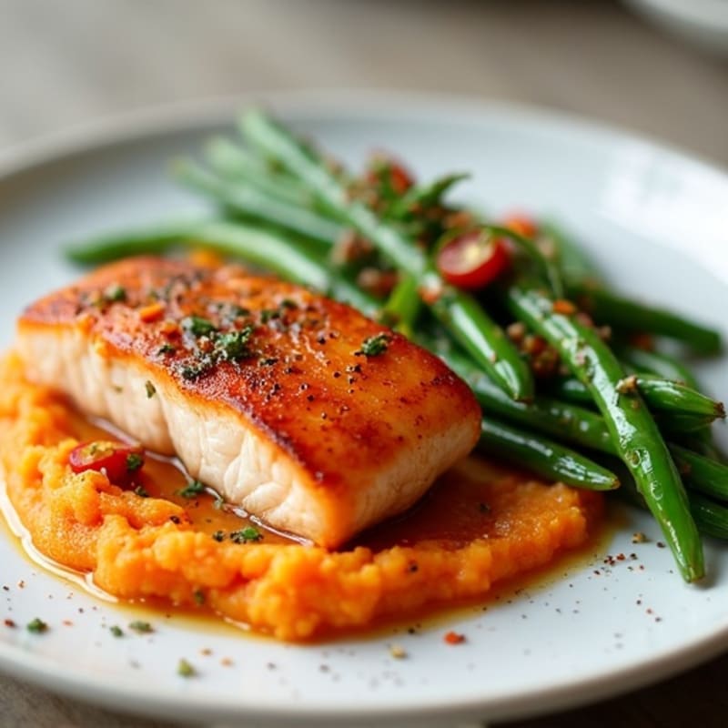Maple-Glazed Salmon with Roasted Sweet Potato Mash and Crispy Green Beans