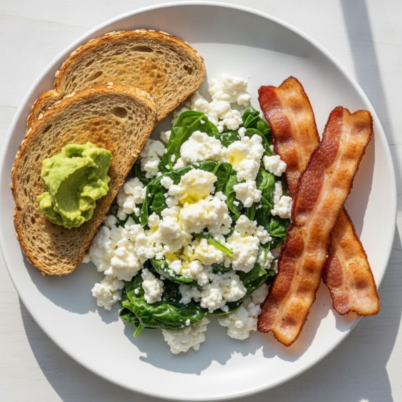 Egg White and Cottage Cheese Scramble with Spinach and Turkey Bacon