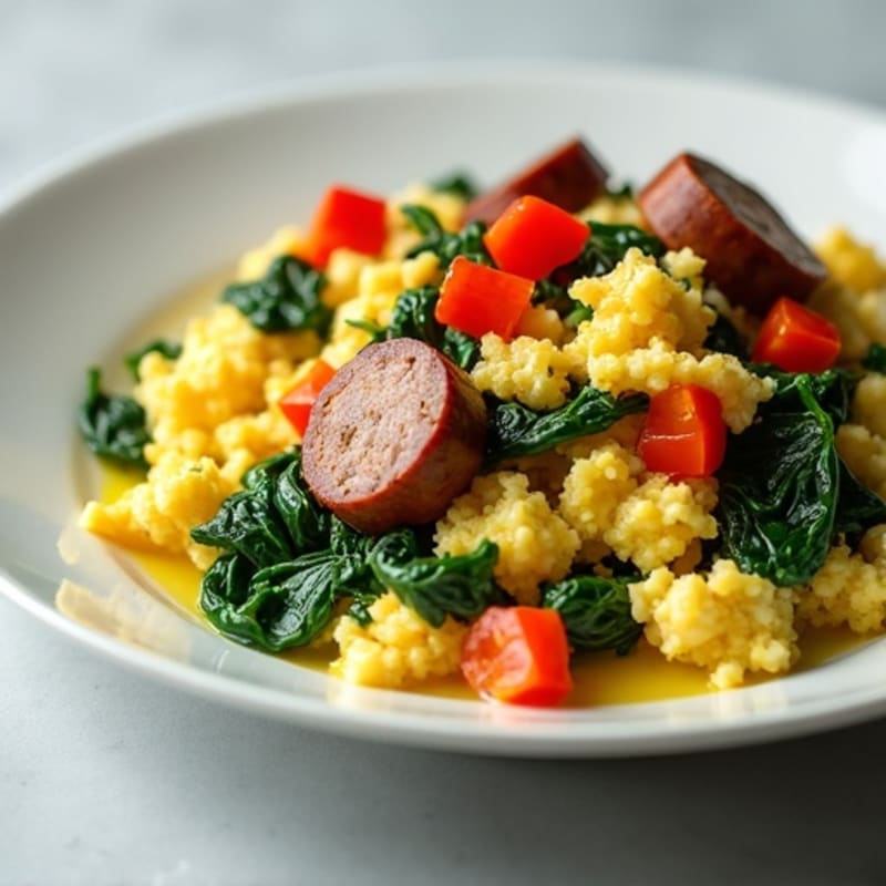 Egg White Scramble with Turkey Sausage and Sautéed Spinach