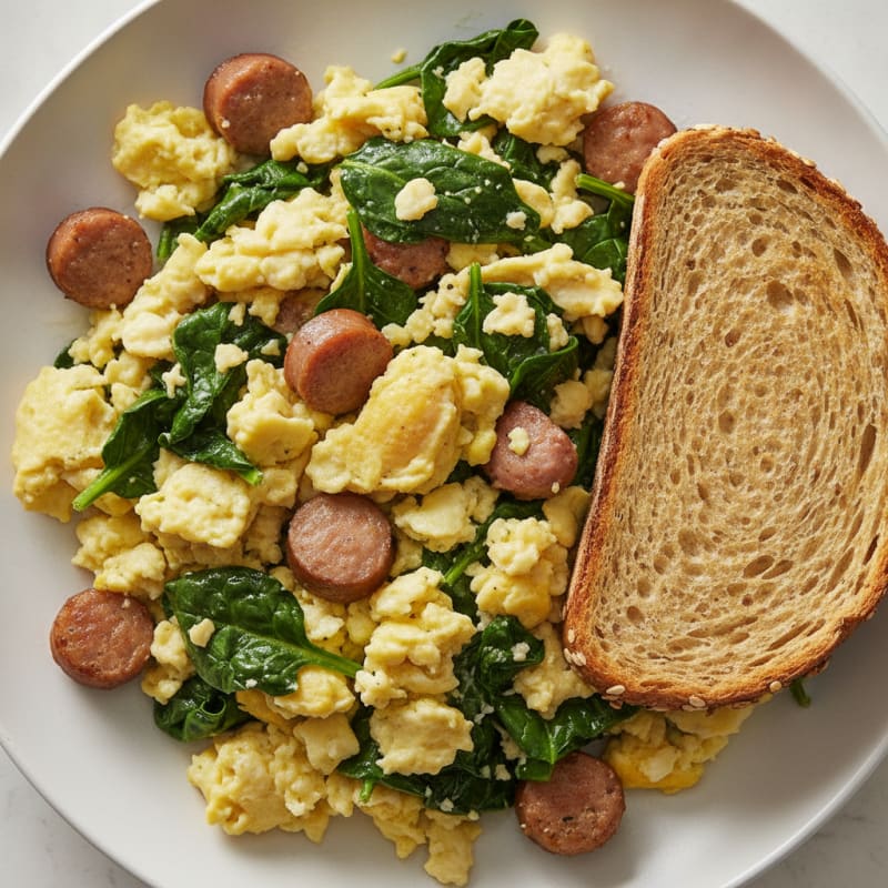 Scrambled Eggs with Turkey Sausage and Sautéed Spinach