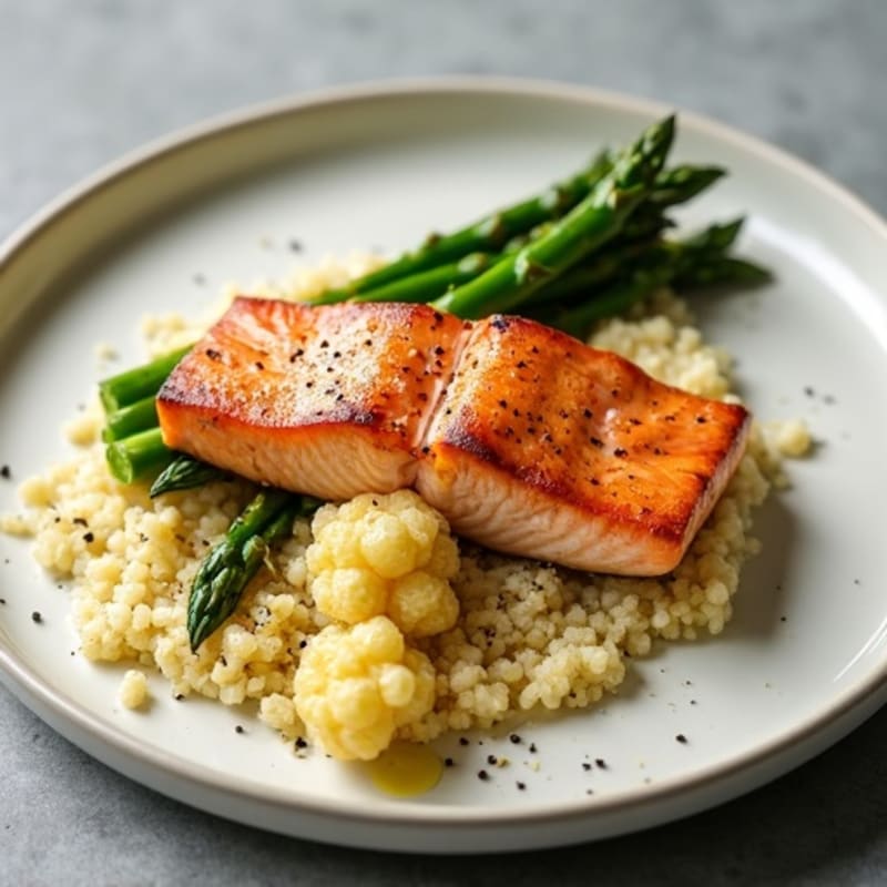 Seared Salmon Fillet with Roasted Asparagus and Cauliflower Mash