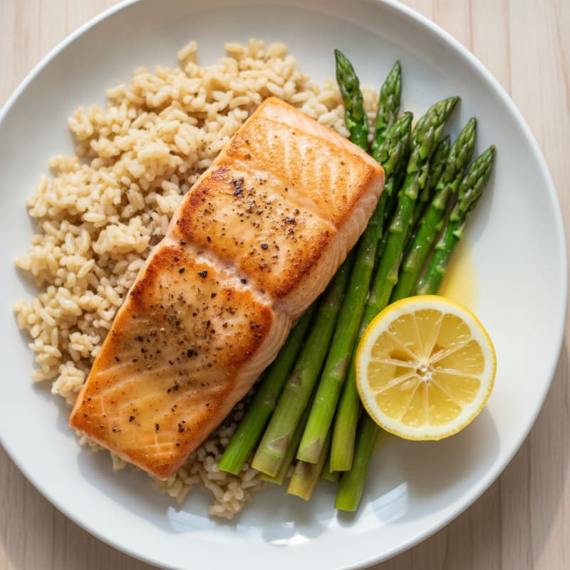 Seared Salmon Fillet with Steamed Asparagus and Brown Rice