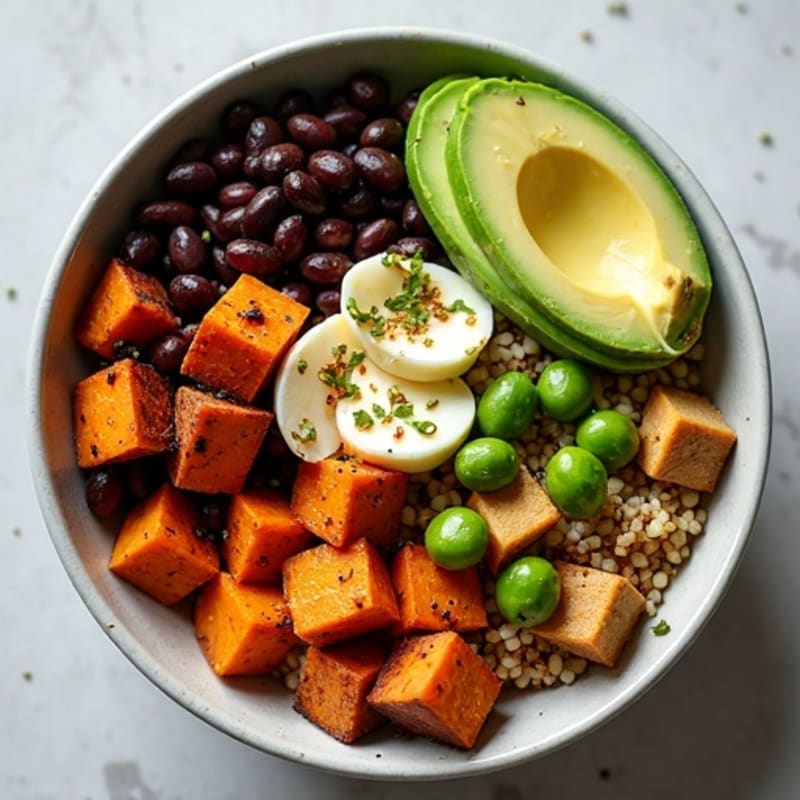Hearty Black Bean and Quinoa Bowl with Roasted Sweet Potatoes and Creamy Avocado