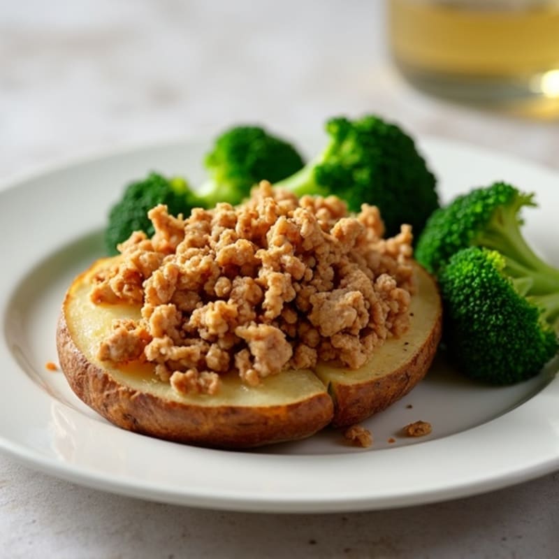 Crispy Baked Potato with Lean Ground Turkey and Steamed Broccoli