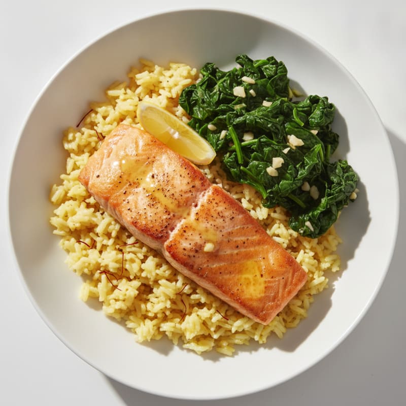 Seared Salmon with Garlic Rice and Wilted Spinach