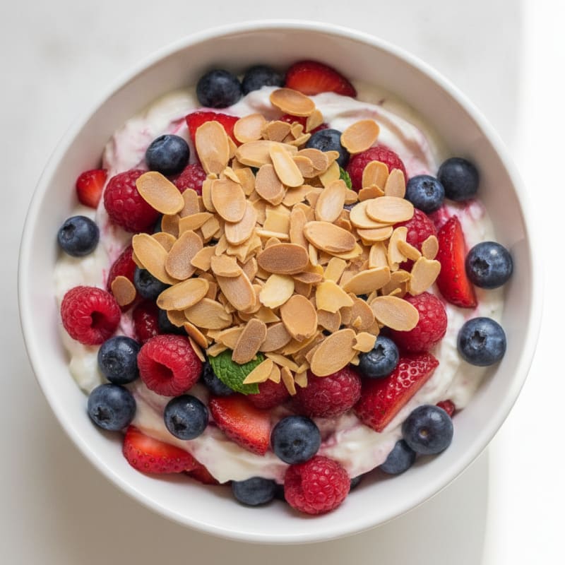 Greek Yogurt Protein Parfait with Mixed Berries and Almonds