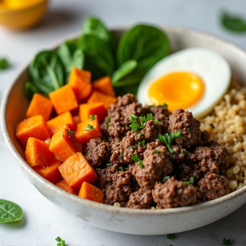 Herb-Seasoned Lean Ground Beef Bowl with Roasted Sweet Potatoes