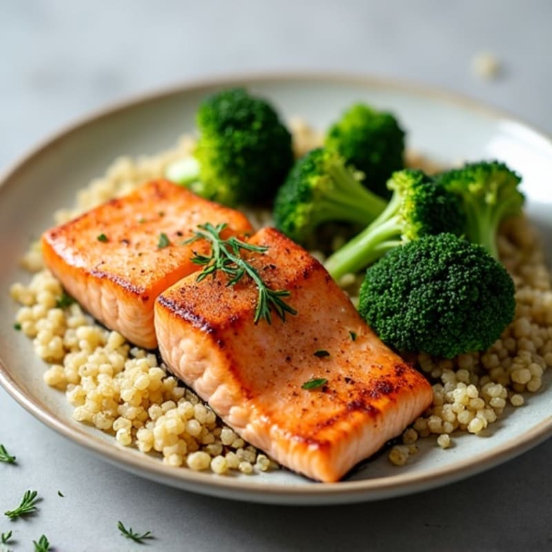 Seared Salmon Fillet with Roasted Broccoli and Quinoa