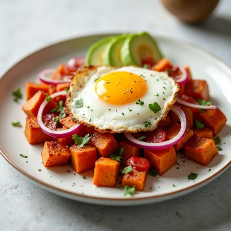 Crispy Sweet Potato Hash with Fried Egg and Avocado