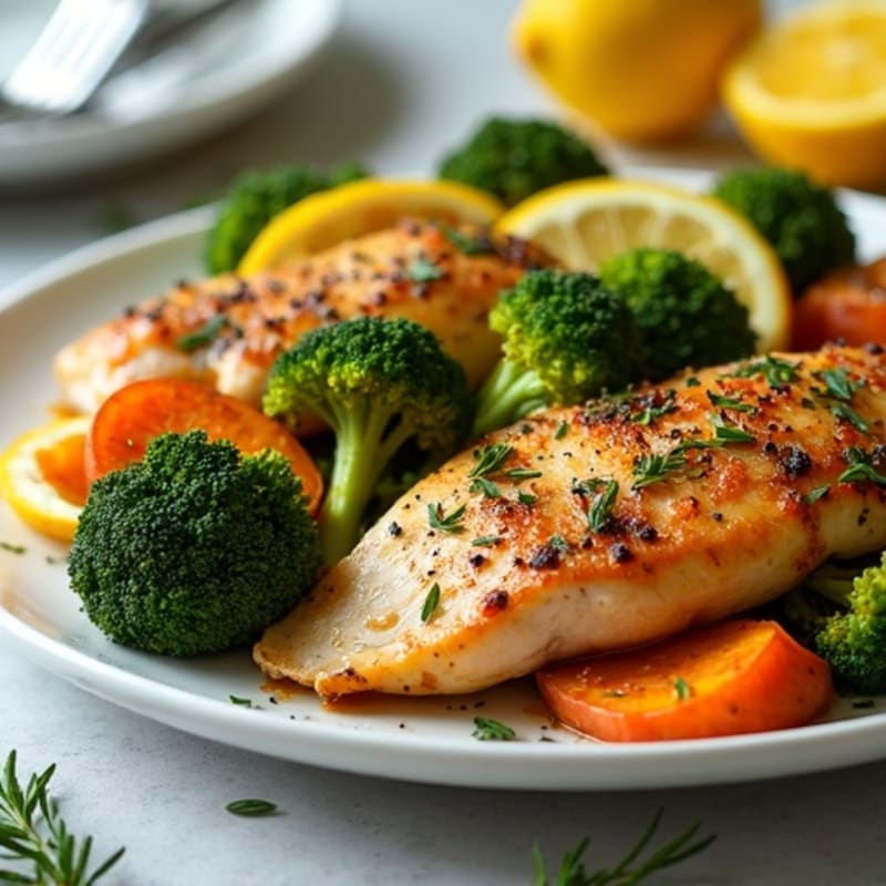 Sheet Pan Lemon-Herb Roasted Chicken with Crispy Broccoli and Sweet Potatoes