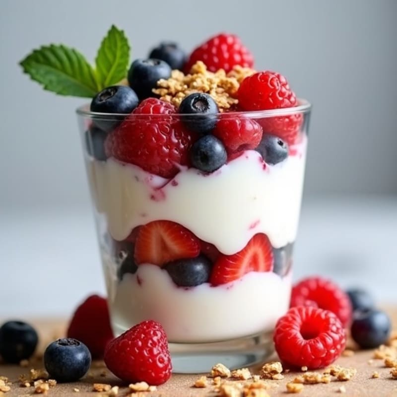 Greek Yogurt and Whey Protein Parfait with Mixed Berries