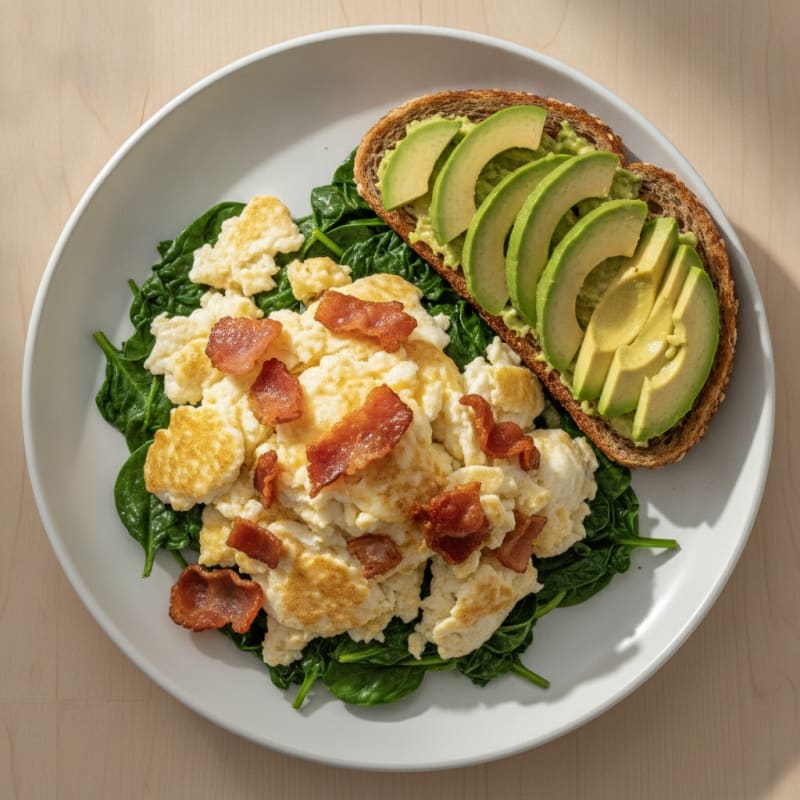Crispy Turkey Bacon and Egg White Scramble with Sautéed Spinach