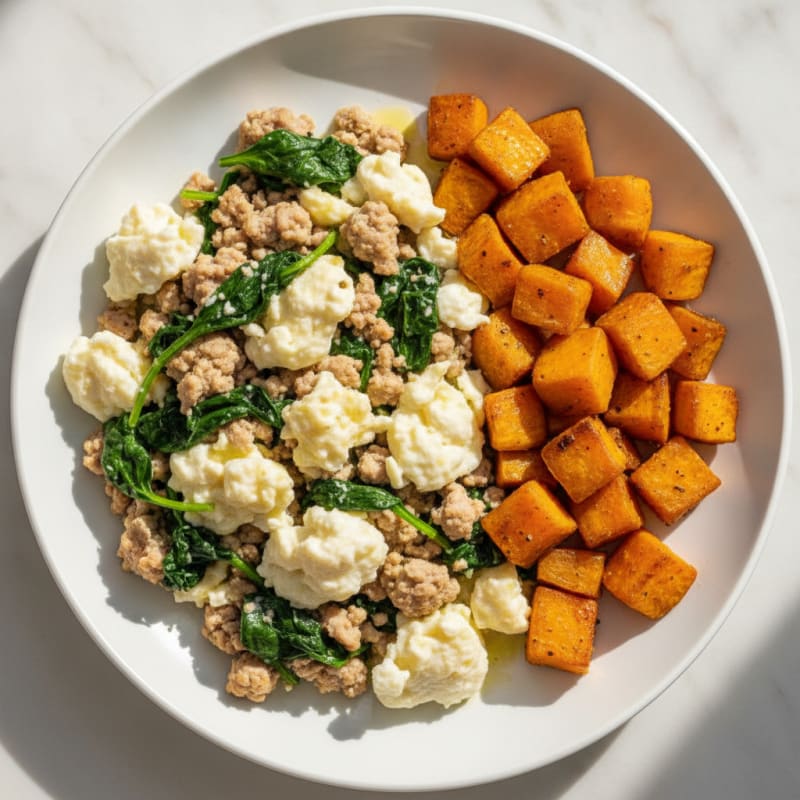 Egg White and Turkey Spinach Scramble with Roasted Sweet Potatoes