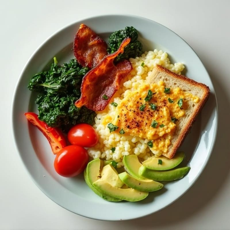 Egg White Veggie Scramble with Sautéed Spinach and Turkey Bacon