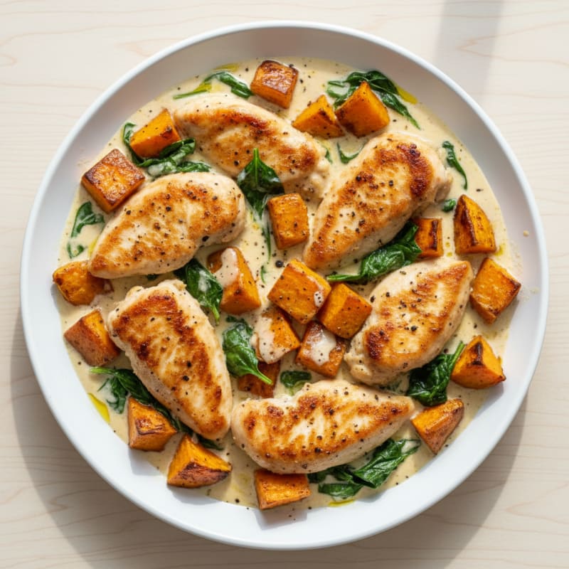 Creamy Chicken and Roasted Sweet Potato Skillet