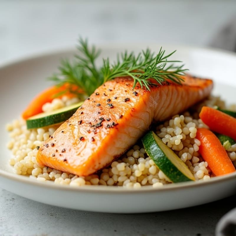 Pan-Seared Salmon with Herb Rice and Steamed Vegetables