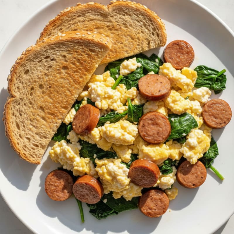 Cottage Cheese Egg Scramble with Turkey Sausage and Sautéed Spinach