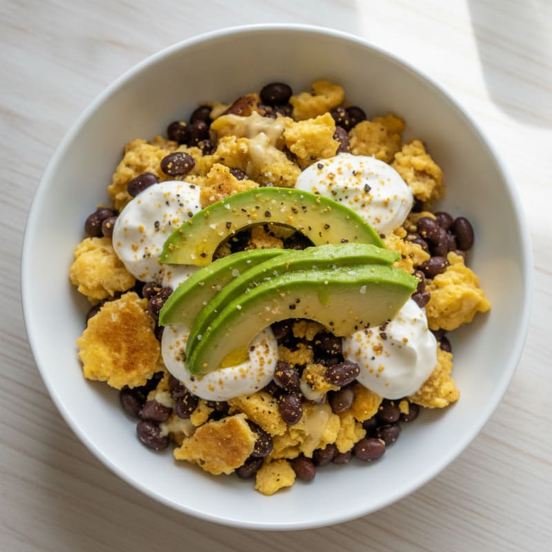 Scrambled Eggs with Black Beans and Avocado