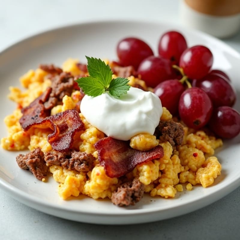 Savory Beef, Bacon, and Egg Scramble with Fresh Grapes and Creamy Yogurt
