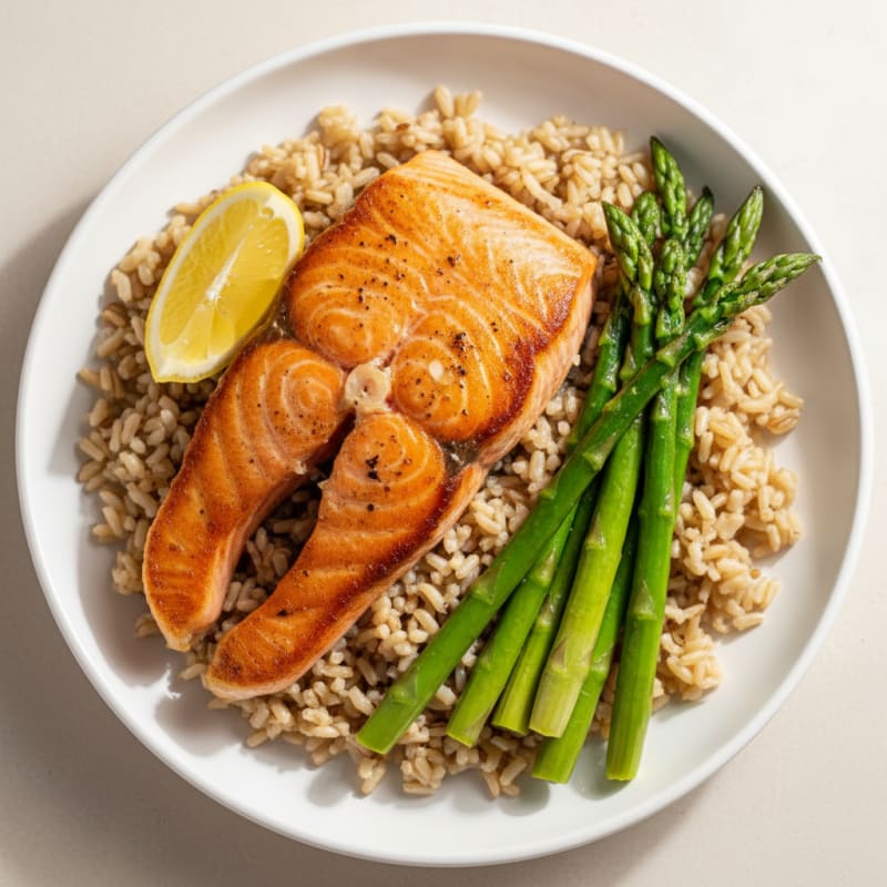 Seared Salmon Fillet with Steamed Asparagus and Brown Rice