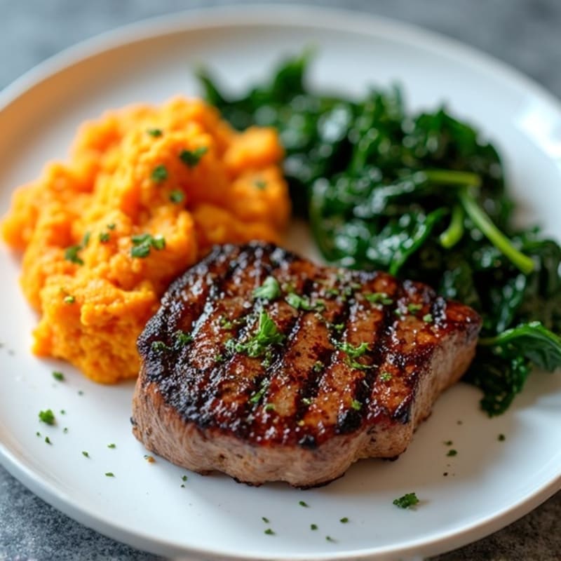 Grilled Steak with Garlic Sautéed Greens and Sweet Potato Mash